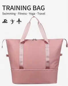 Large pink gym bag for travel and yoga featuring dry wet separation and shoe compartment.