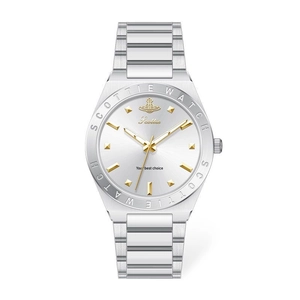 Elegant silver quartz watch with gold markers and saturn logo on a white background