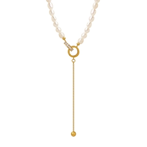 Baroque Roman numeral double ring necklace with pearls and tassel in golden finish
