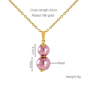 Macro view of 18K gold plated chain with double purple pearls and dimensions text