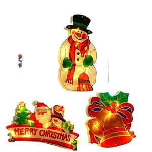 LED Christmas suction cup lights set featuring snowman, festive bells, and Merry Christmas banner
