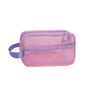 Pink mesh beach bag with purple trim and zipper for storing outdoor sand toys