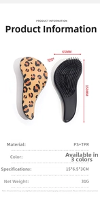 Detail view of leopard print and black detangling hairbrush with precise size dimensions