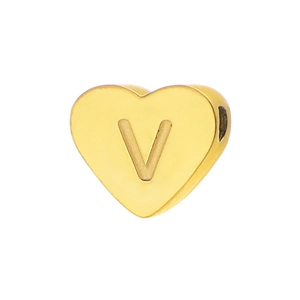 Detail shot of a mirror-polished golden heart pendant engraved with the letter V