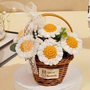 Handmade crochet white daisy flower basket with pearls and lace bow desktop ornament