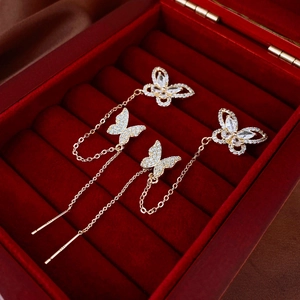 Butterfly Integrated Earring And Ear Cuff Long Tassel Copper Gold Plated With Steel Earring Post Zircon Artificial Pearl For Women