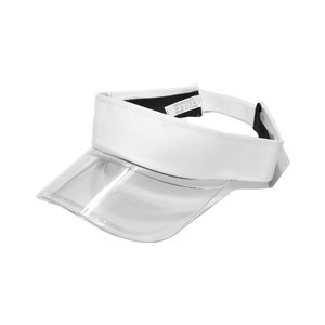 Detailed side view of white sun visor with transparent PVC brim and breathable fabric