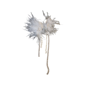 Elegant asymmetrical grey feather hair clip with metal butterfly and long chain tassels