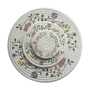 Ins style woven cotton rope heat insulated placemats with floral embroidery in various sizes