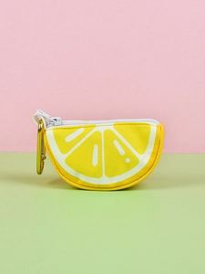Detail of lemon-shaped pet waste bag dispenser with metal carabiner and white zipper