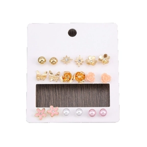 12 pairs of gold and pink alloy stud earrings set with floral and star designs