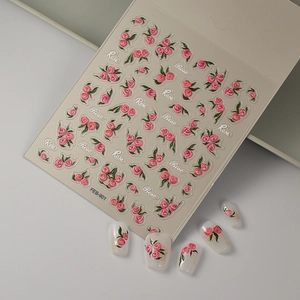 Pink 3D relief rose nail art stickers FEB-901 with elegant floral patterns and gold accents