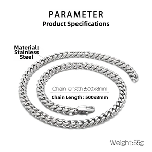 Detail view of 8mm stainless steel curb chain with 500mm length and lobster clasp