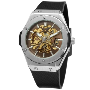 Detail of silver skeleton automatic watch with exposed gold movement and rubber strap
