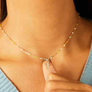Minimalist S925 silver cross necklace with colorful enamel beads on a gold chain