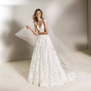 Elegant white lace V-neck wedding dress with A-line silhouette and long tulle veil