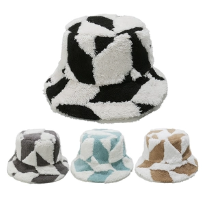 Chapeau Bob En Peluche Hiver Chaud Grille Diamant Géométrique Fausse Fourrure Pêcheur Décontracté Coupe-Vent Femme