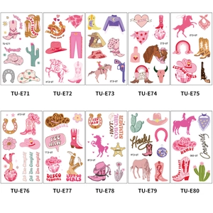 Set of 10 temporary tattoo sheets with pink western cowboy and disco cowgirl designs