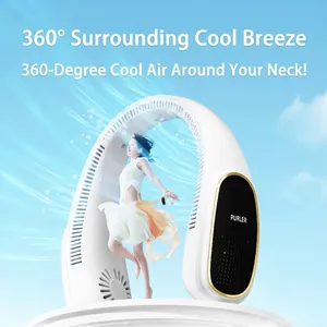 Portable bladeless neck fan in white with 360-degree cooling vents and digital display