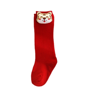 Festive red cotton baby high socks featuring a cute 3D embroidered tiger cartoon character