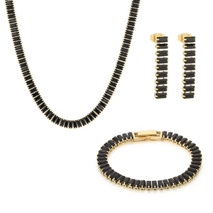 Gold plated titanium steel jewelry set featuring black zircon necklace, bracelet and earrings