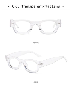 Macro shot of rectangular transparent frame glasses from front and 45-degree angles