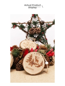 Detail of wooden Christmas ornaments with reindeer engraving amidst festive pine cones