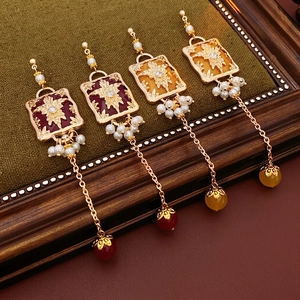 Vintage style square floral stud earrings with long tassels and pearl accents in gold
