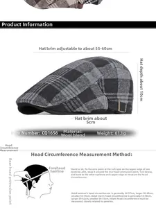 Detailed size chart for plaid flat cap showing adjustable head circumference measurements