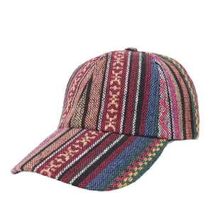 Ethnic bohemian style woven baseball cap with colorful stripes and textured fabric