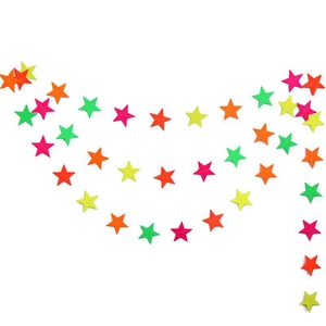 Colorful paper star garland decorations in pink, orange, yellow and green for parties