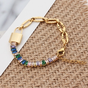 Titanium steel link bracelet with gold padlock pendant and colorful rectangular gems
