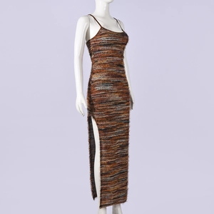 Detail of multi-color striped knit maxi dress featuring a high side slit and fuzzy texture