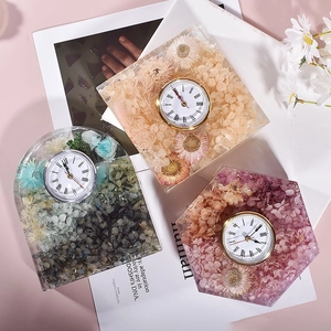 Handmade resin table clocks with dried flowers in arch, square, and hexagon shapes
