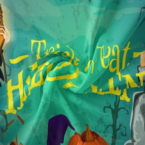 Detailed macro view of festive Halloween tapestry showing soft fabric texture and vivid prints