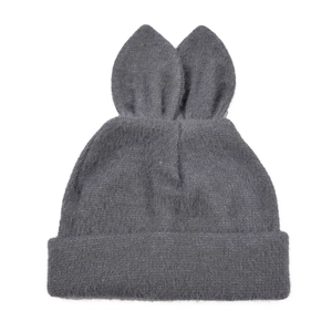Dark gray plush knitted beanie with cute 3D bunny ears and soft fuzzy mohair texture