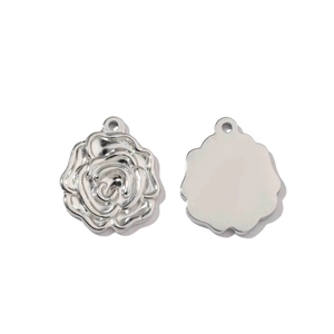 Polished silver stainless steel rose flower pendant charm shown from front and back view