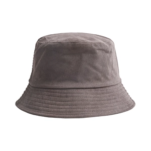 Detail of dark grey corduroy bucket hat showing ribbed texture and reinforced brim stitching