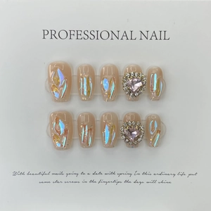 Handmade gradient aurora glitter press-on nails with 3D heart rhinestones set