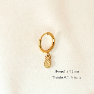 Detail showing 14K gold plated pineapple charm hoop earring with size and weight info
