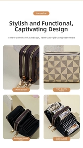 Detail view of checkerboard pattern card holder with dual gold zippers and PU leather texture