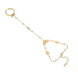 Gold butterfly hand chain bracelet with pink gemstone and adjustable lobster clasp