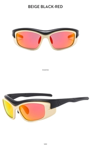 Front and side views of Y2K beige black sports sunglasses with red mirrored lenses