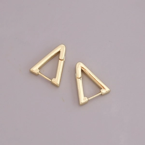 Minimalist geometric 18K gold triangular hoop earrings set against a clean gray background