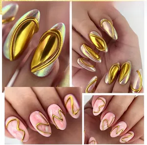 Detailed 5D solid pudding gel art showing golden 3D metallic lines on marble nails