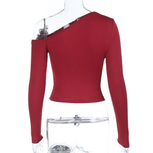 Detailed back view of the burgundy one-shoulder ribbed knit long sleeve crop top