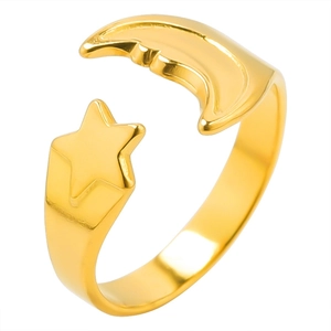 Polished gold celestial open ring with moon and star design in stainless steel