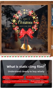 Detail of PVC Christmas wreath window sticker showing static cling technology and no glue residue