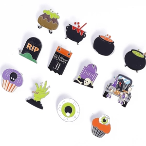 Halloween enamel pin set with ghosts, zombies, cauldrons and spooky themes for backpacks