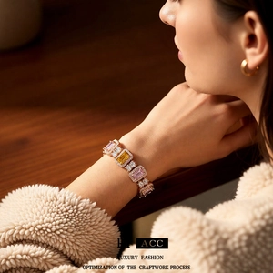 Elegant French court style multi-color emerald cut zircon bracelet with rose gold plating